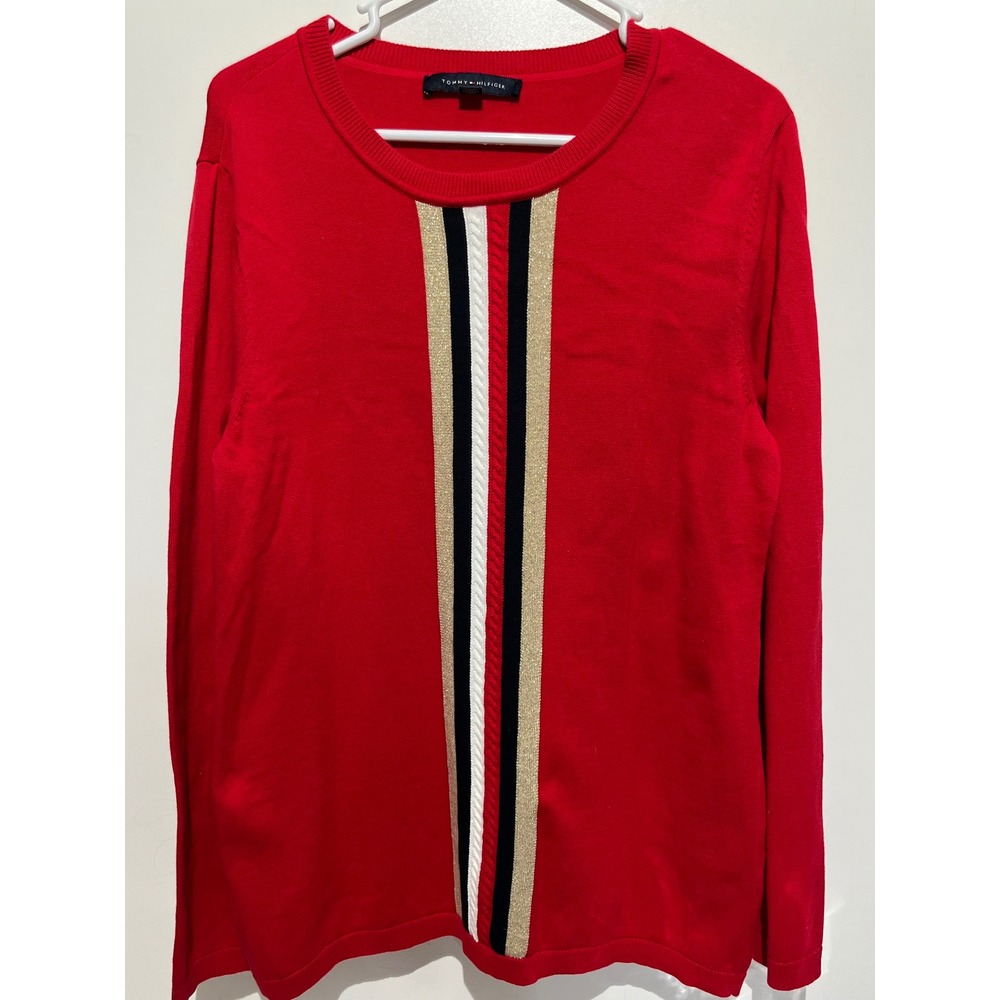 Tommy Hilfiger Womens Red Vertical Stripe Metallic Cable Knit Sweater Large‎